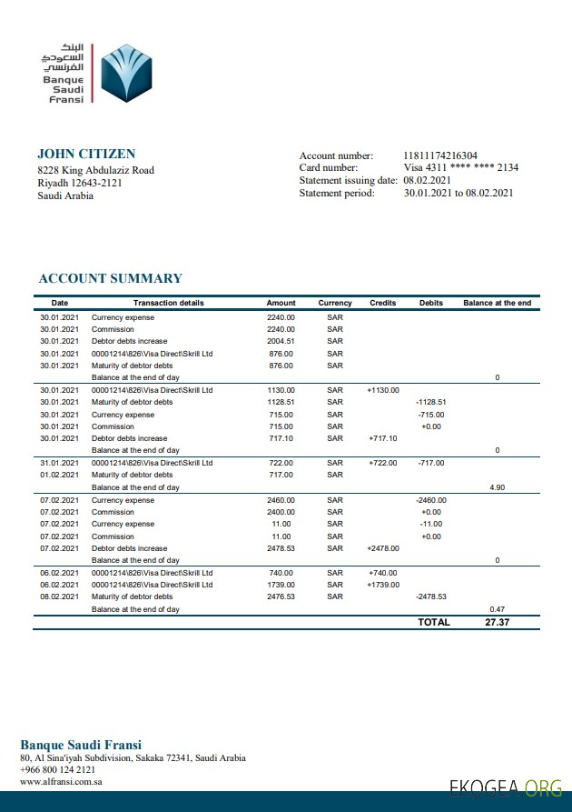 Modèle de relevé bancaire Saudi Arabia Banque Saudi Fransi au format Word et PDF, bon pour prouver l'adresse